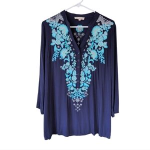Solitaire Embroidered Rayon Tunic Peasant Blouse MEDIUM Blue Turquoise